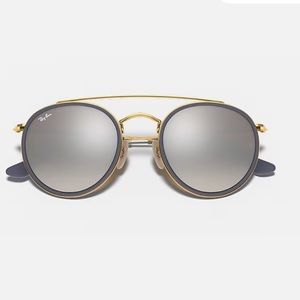 Authentic Ray Bans Round Double Bridge Blue Trim and Polished Gold